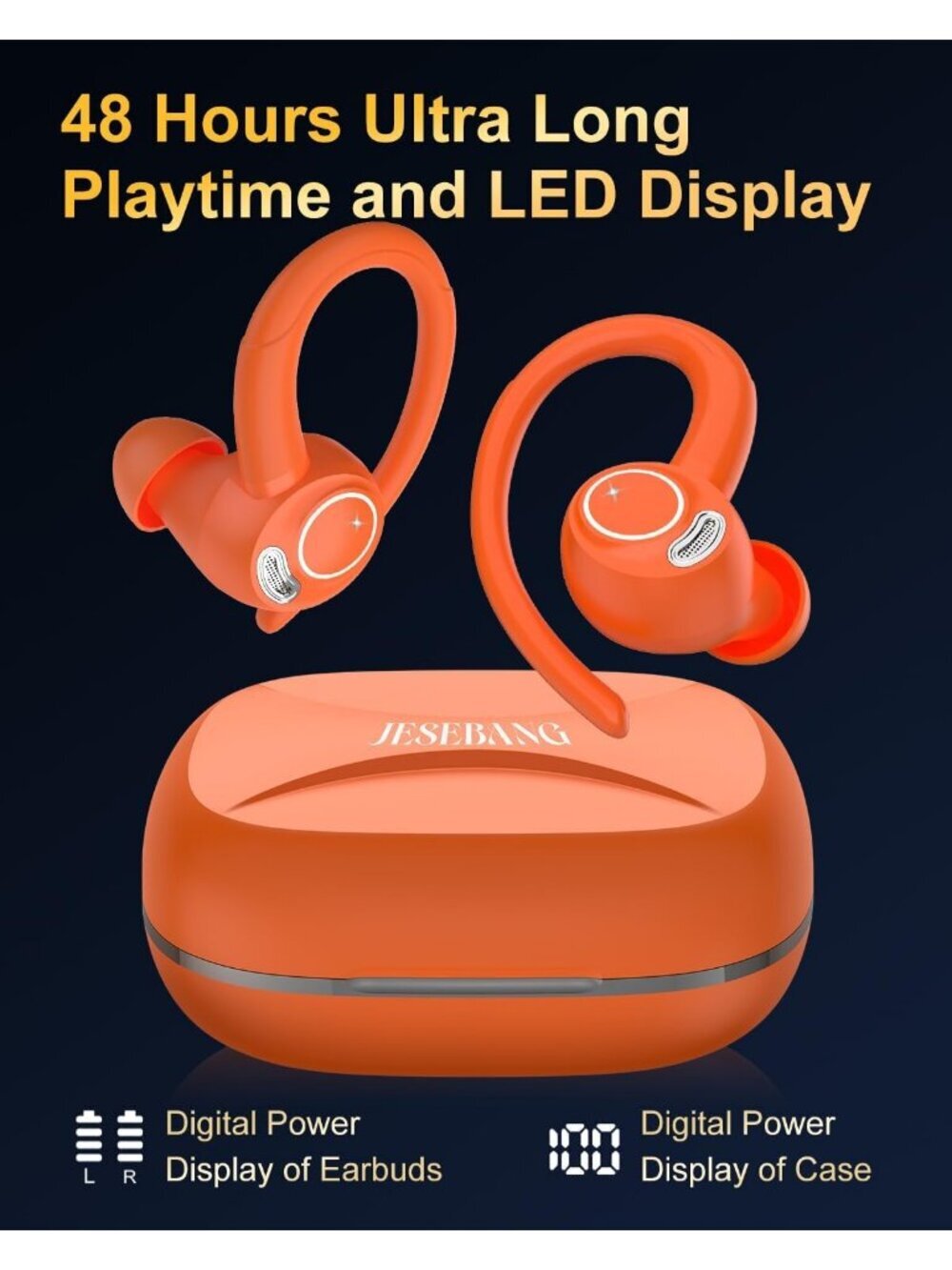 Wireless Orange ENC Noise Cancelling 48H Earhooks Deep Bass Bluetooth 5.4 Earbud - Picture 5 of 6